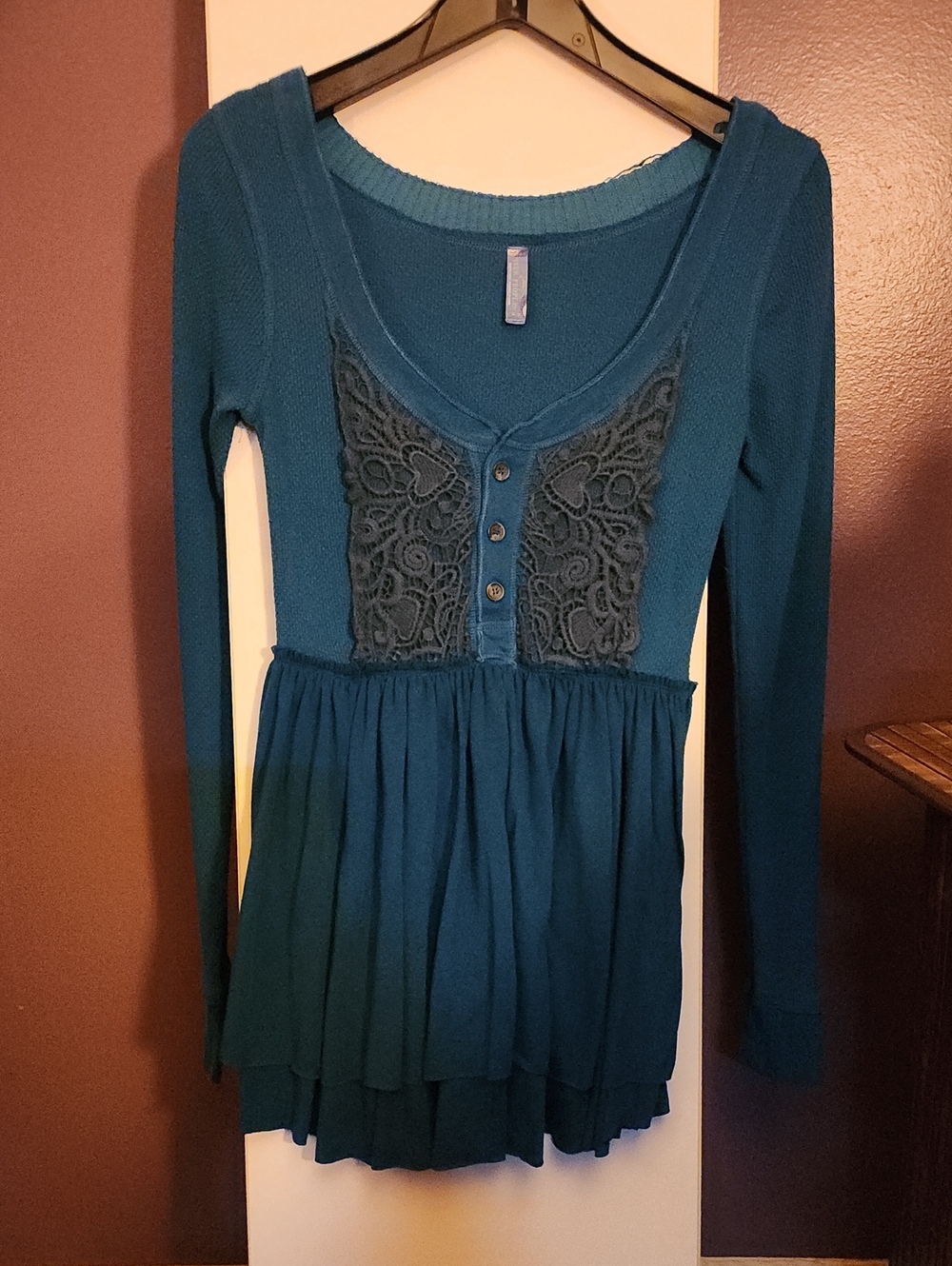 Free People Level Heat Teal Lace-Front Long Sleeve Tunic